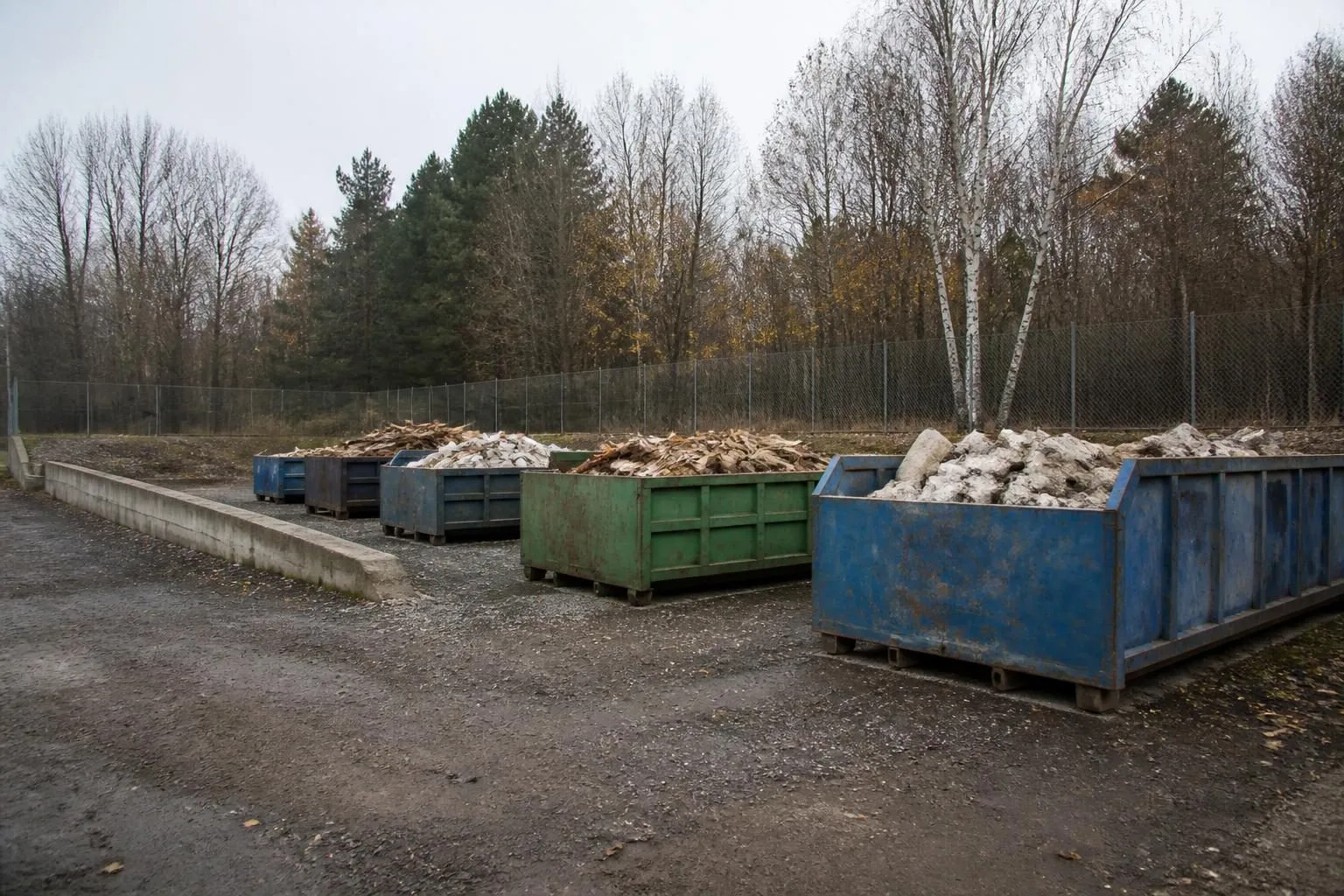 Mehrere offene Absetzcontainer mit Bauschutt und Altholz auf einem geschotterten Platz hinter einem Maschendrahtzaun